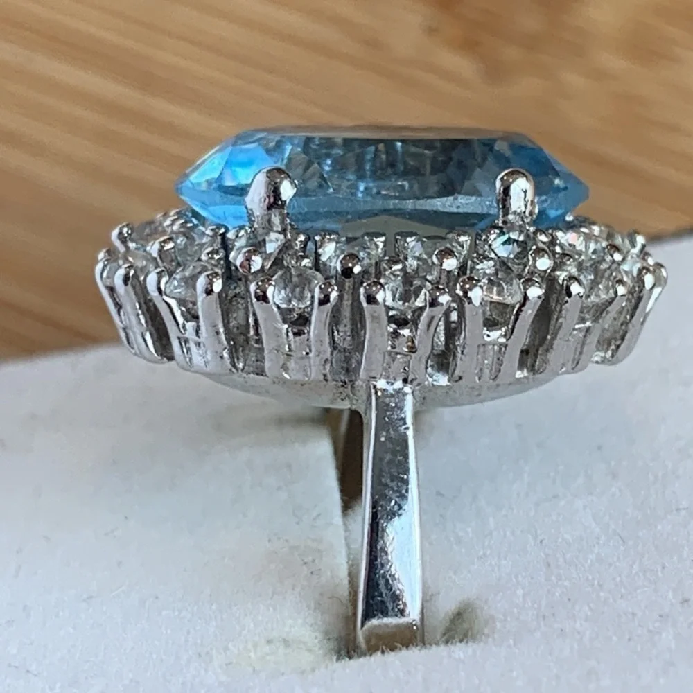 Statement Simulated Crystal Diamond & Blue Stone Marked “925 Spain” Ring